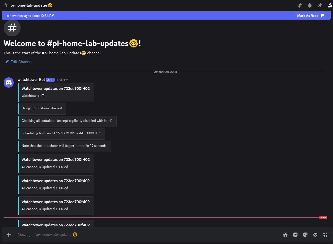 Discord channel receiving Watchtower container-update notifications